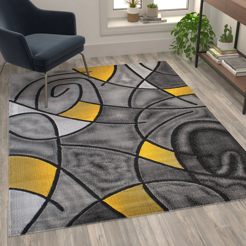 Angie Collection 5' x 7' Yellow Abstract Area Rug - Olefin Rug with Jute Backing iHome Studio