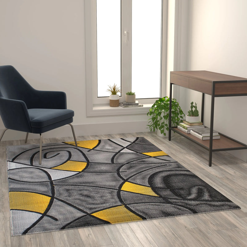 Angie Collection 5' x 7' Yellow Abstract Area Rug - Olefin Rug with Jute Backing iHome Studio