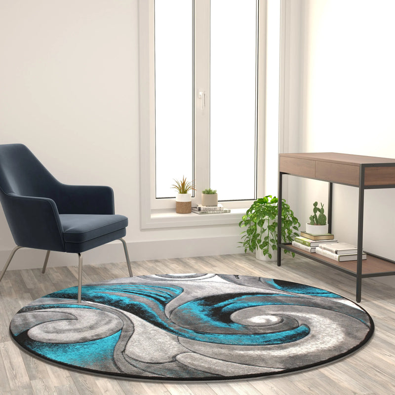 Angie Collection 6' x 6' Round Olefin Turquoise Ocean Waves Pattern Area Rug with Jute Backing iHome Studio