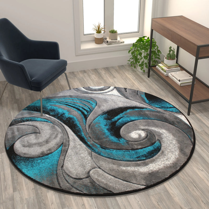 Angie Collection 6' x 6' Round Olefin Turquoise Ocean Waves Pattern Area Rug with Jute Backing iHome Studio