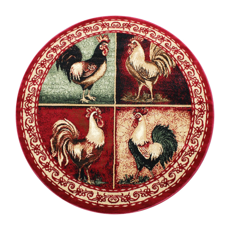 Angie Collection 6' x 6' Round Red Rooster Themed Olefin Area Rug with Jute Backing iHome Studio