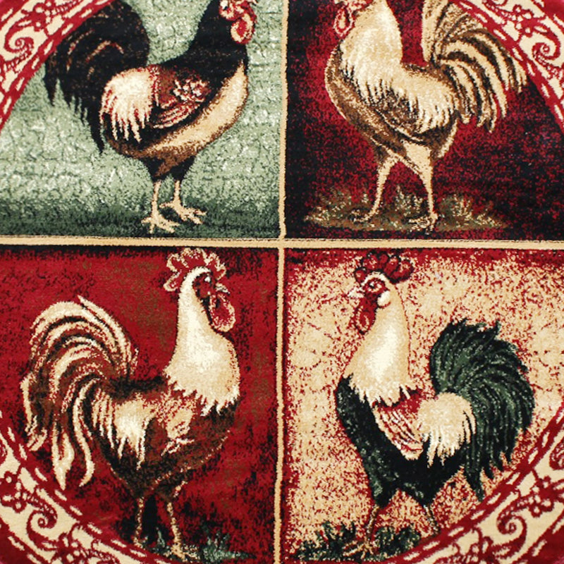 Angie Collection 6' x 6' Round Red Rooster Themed Olefin Area Rug with Jute Backing iHome Studio