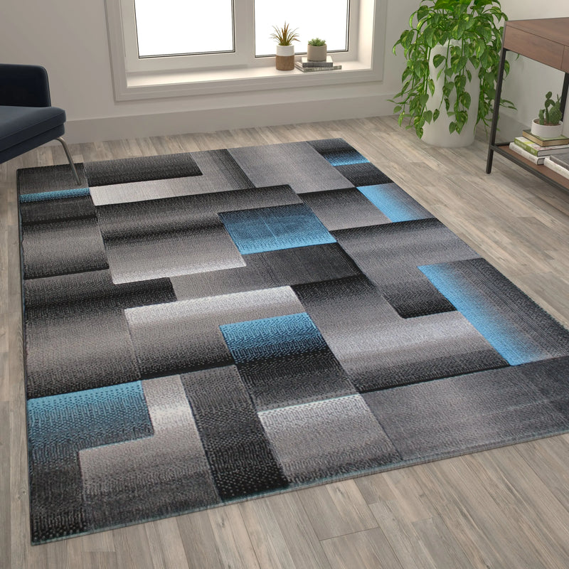 Angie Collection 6' x 9' Blue Color Blocked Area Rug - Olefin Rug with Jute Backing iHome Studio
