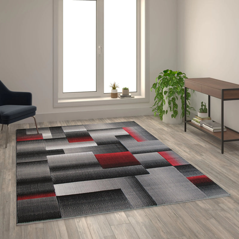 Angie Collection 6' x 9' Red Color Blocked Area Rug - Olefin Rug with Jute Backing iHome Studio