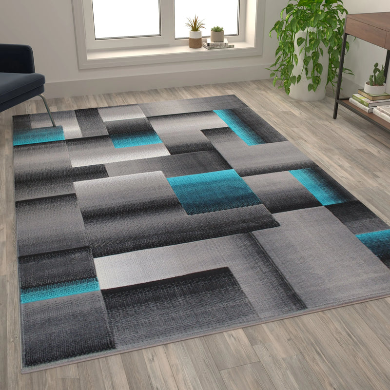Angie Collection 6' x 9' Turquoise Color Blocked Area Rug - Olefin Rug with Jute Backing iHome Studio