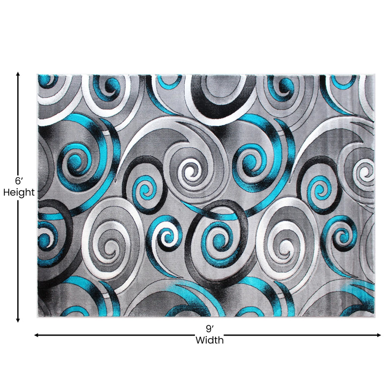 Angie Collection 6' x 9' Turquoise Swirl Olefin Area Rug with Jute Backing iHome Studio