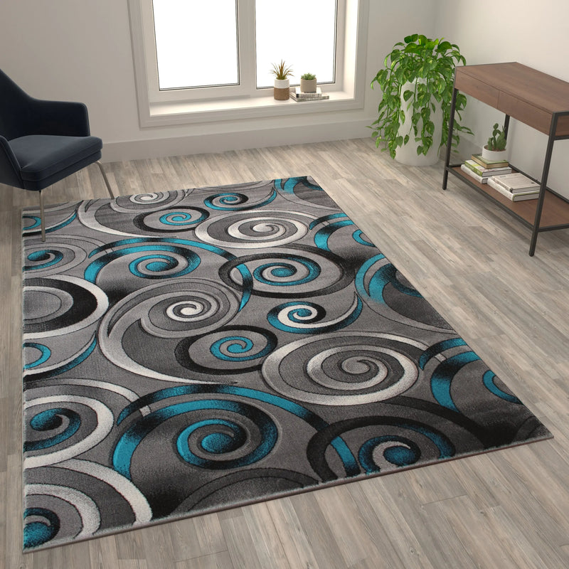 Angie Collection 6' x 9' Turquoise Swirl Olefin Area Rug with Jute Backing iHome Studio