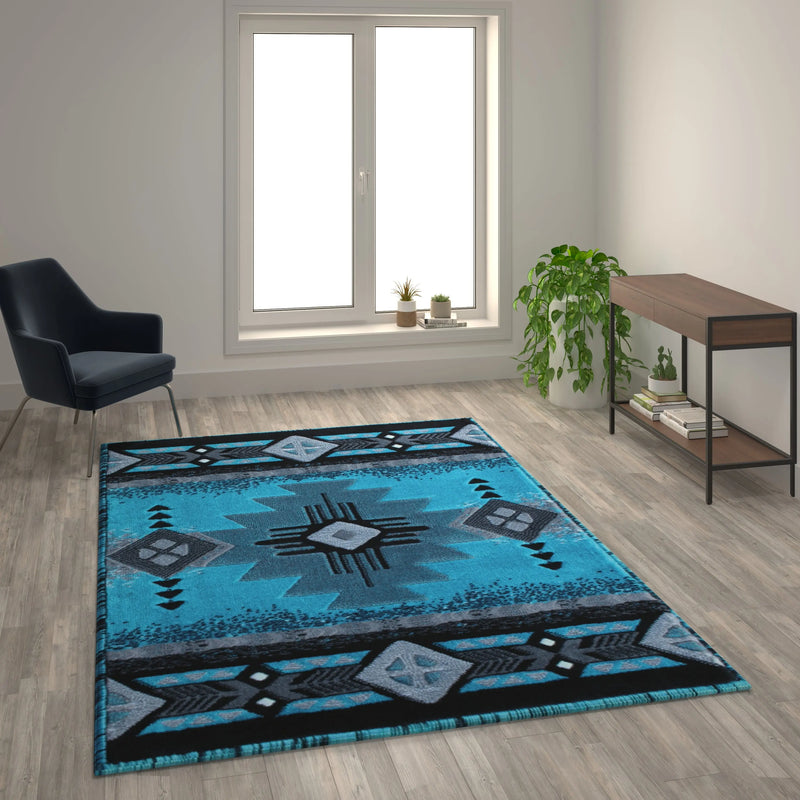 Angie Collection 6' x 9' Turquoise Traditional Southwestern Style Area Rug - Olefin Fibers with Jute Backing iHome Studio