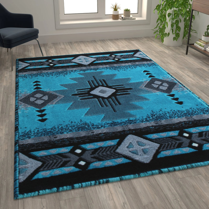 Angie Collection 6' x 9' Turquoise Traditional Southwestern Style Area Rug - Olefin Fibers with Jute Backing iHome Studio