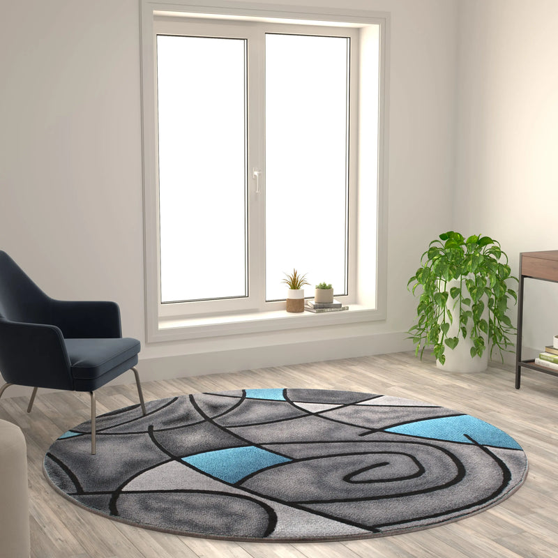 Angie Collection 7' x 7' Round Red Abstract Area Rug - Olefin Rug with Jute Backing iHome Studio