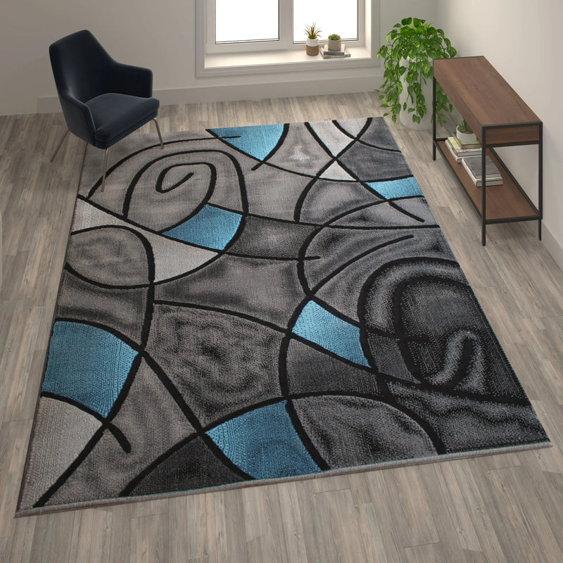 Angie Collection 8' x 10' Blue Abstract Area Rug - Olefin Rug with Jute Backing iHome Studio