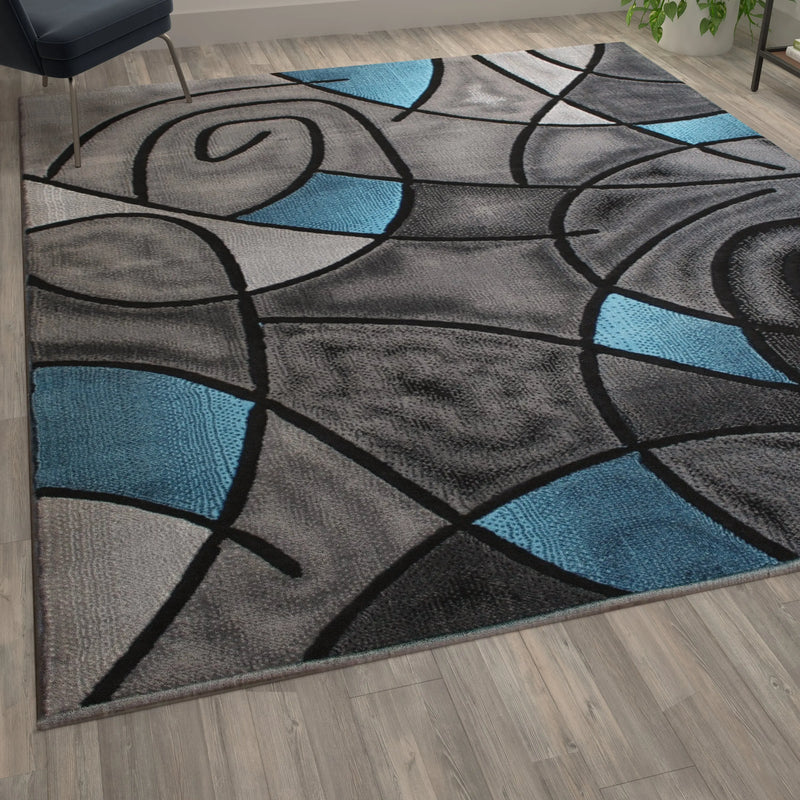 Angie Collection 8' x 10' Blue Abstract Area Rug - Olefin Rug with Jute Backing iHome Studio