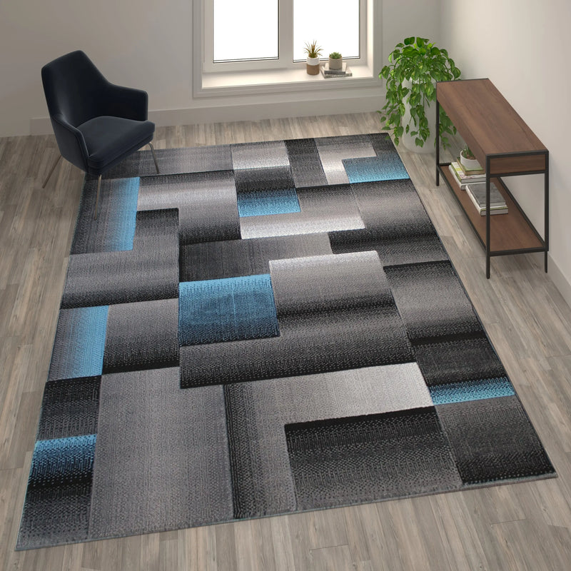Angie Collection 8' x 10' Blue Color Blocked Area Rug - Olefin Rug with Jute Backing iHome Studio