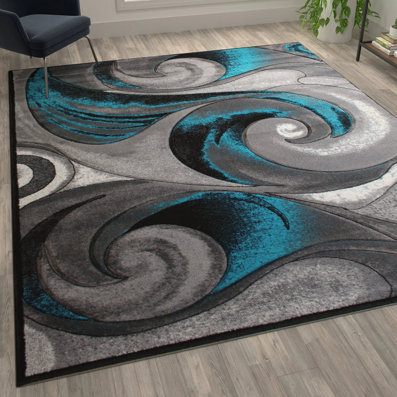 Angie Collection 8' x 10' Olefin Turquoise Ocean Waves Pattern Area Rug with Jute Backing iHome Studio
