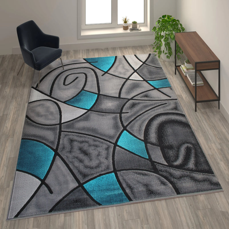 Angie Collection 8' x 10' Turquoise Abstract Area Rug - Olefin Rug with Jute Backing iHome Studio