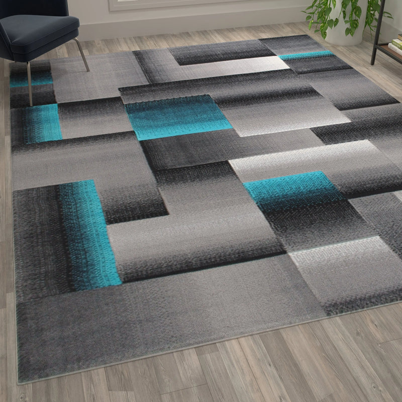 Angie Collection 8' x 10' Turquoise Color Blocked Area Rug - Olefin Rug with Jute Backing iHome Studio