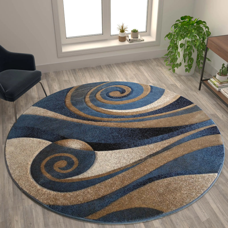 Angie Collection 8' x 8' Round Modern Circular Patterned Indoor Area Rug - Blue and Beige Olefin Fibers with Jute Backing iHome Studio