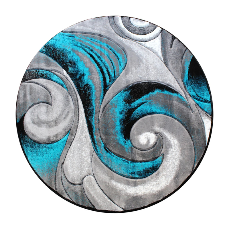 Angie Collection 8' x 8' Round Olefin Turquoise Ocean Waves Pattern Area Rug with Jute Backing iHome Studio