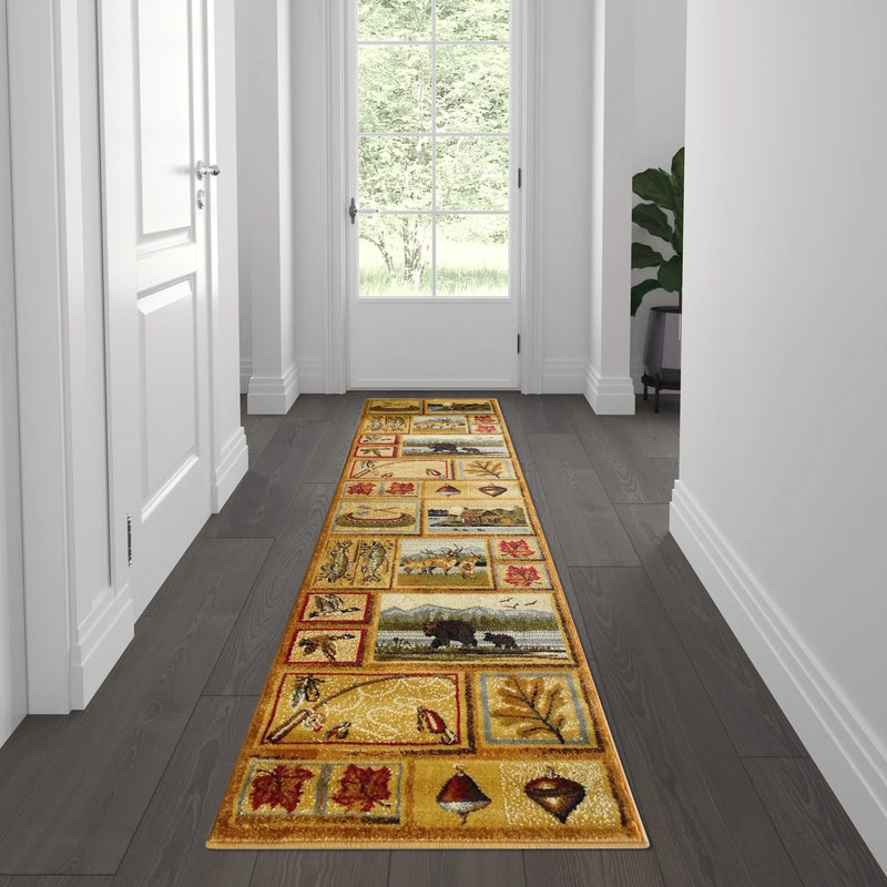 Angie Collection Beige 2' x 7' Bear and Moose Wilderness Area Rug with Jute Backing for Indoor Use iHome Studio