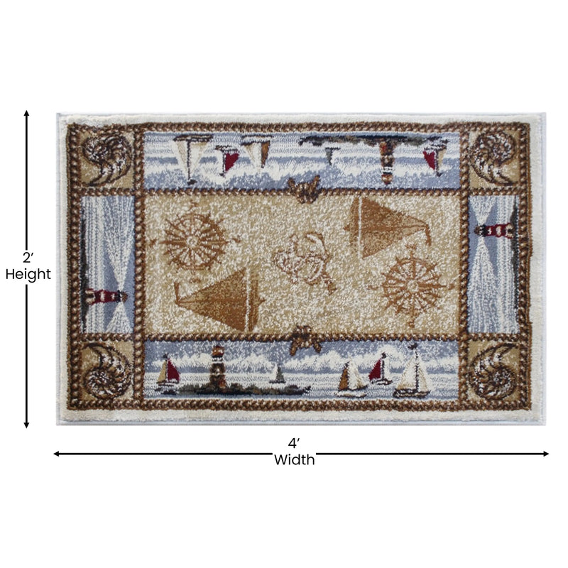 Angie Collection Beige Nautical Themed 2' x 3' Area Rug with Jute Backing iHome Studio