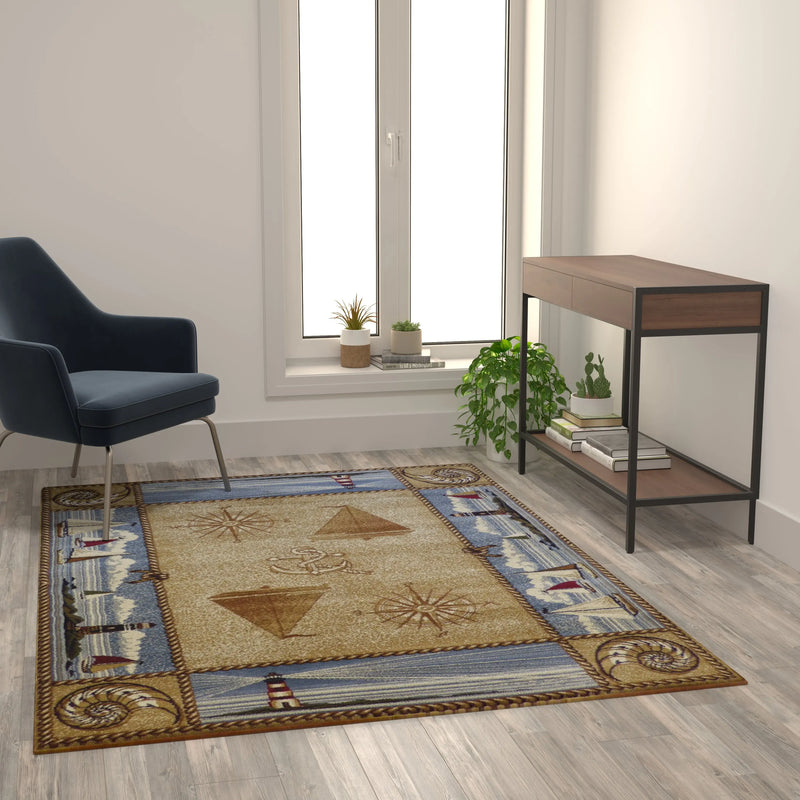 Angie Collection Beige Nautical Themed 5' x 7' Area Rug with Jute Backing iHome Studio