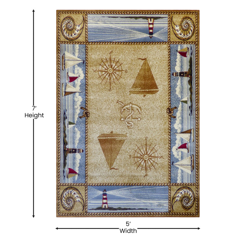 Angie Collection Beige Nautical Themed 5' x 7' Area Rug with Jute Backing iHome Studio