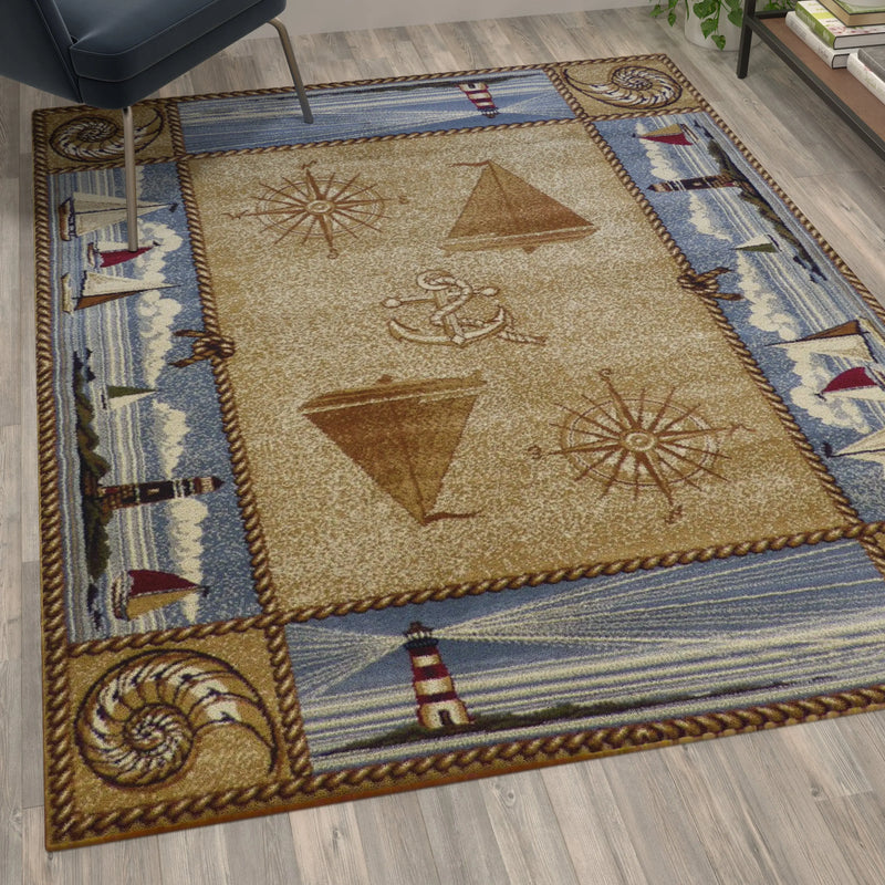 Angie Collection Beige Nautical Themed 5' x 7' Area Rug with Jute Backing iHome Studio