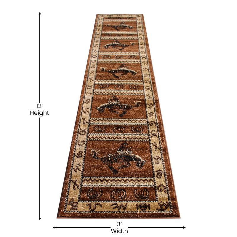 Angie Collection Brown 2' x 11'  Bucking Bronco Cowboy Area Rug with Jute Backing for Indoor Use iHome Studio