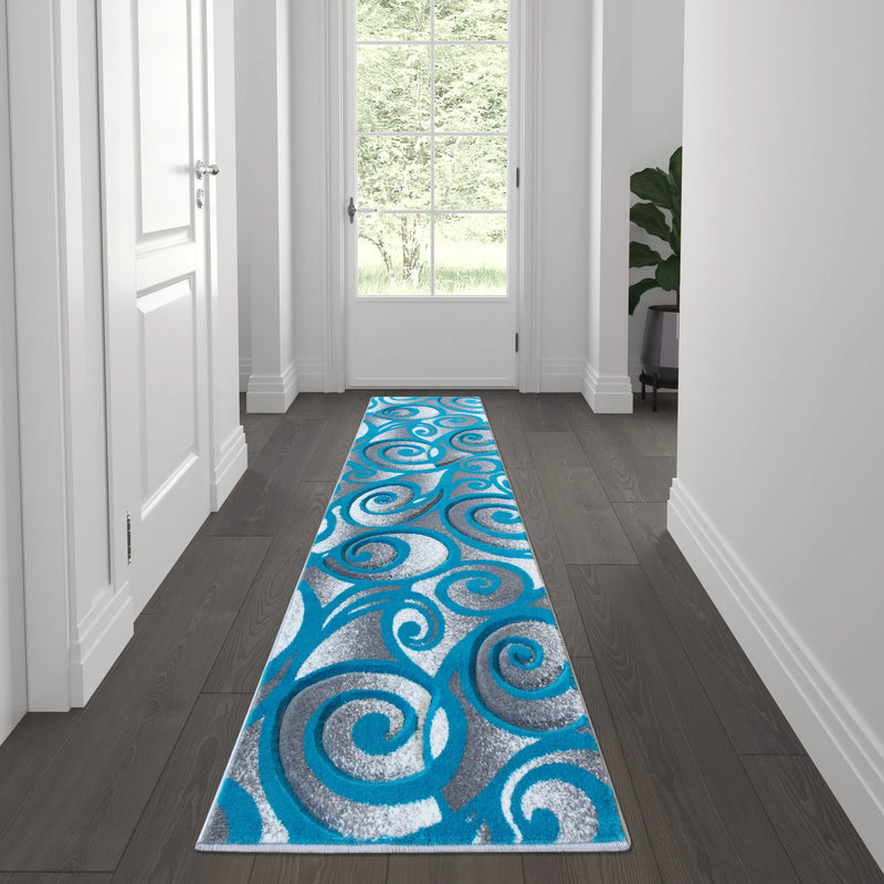 Angie Collection Modern High-Low Pile Swirled 2' x 7' Turquoise Area Rug - Olefin Accent Rug iHome Studio