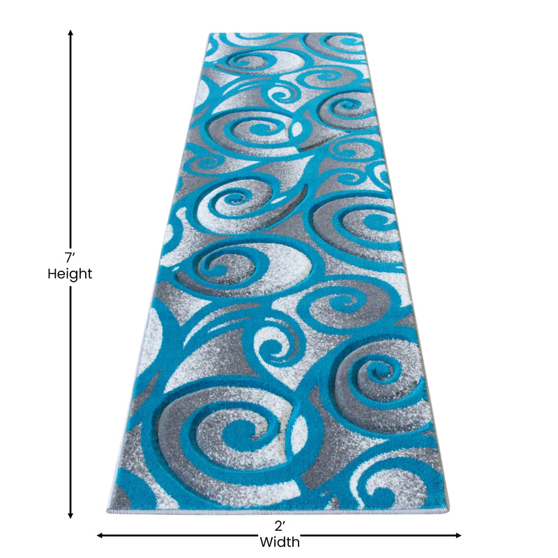 Angie Collection Modern High-Low Pile Swirled 2' x 7' Turquoise Area Rug - Olefin Accent Rug iHome Studio