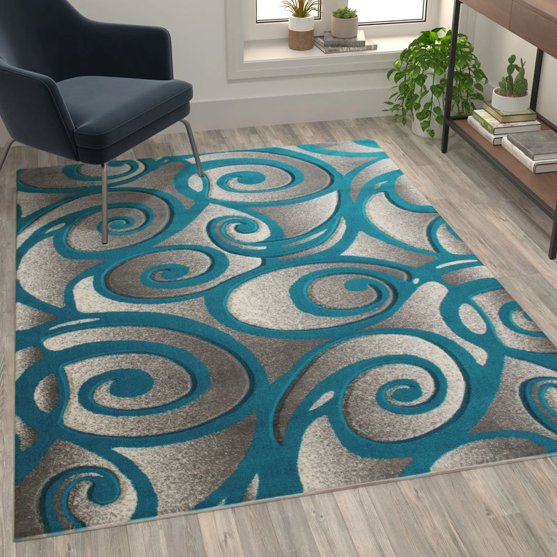 Angie Collection Modern High-Low Pile Swirled 5' x 7' Turquoise Area Rug - Olefin Accent Rug iHome Studio