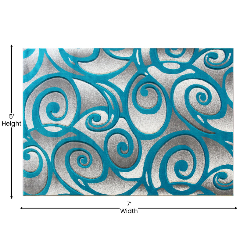 Angie Collection Modern High-Low Pile Swirled 5' x 7' Turquoise Area Rug - Olefin Accent Rug iHome Studio