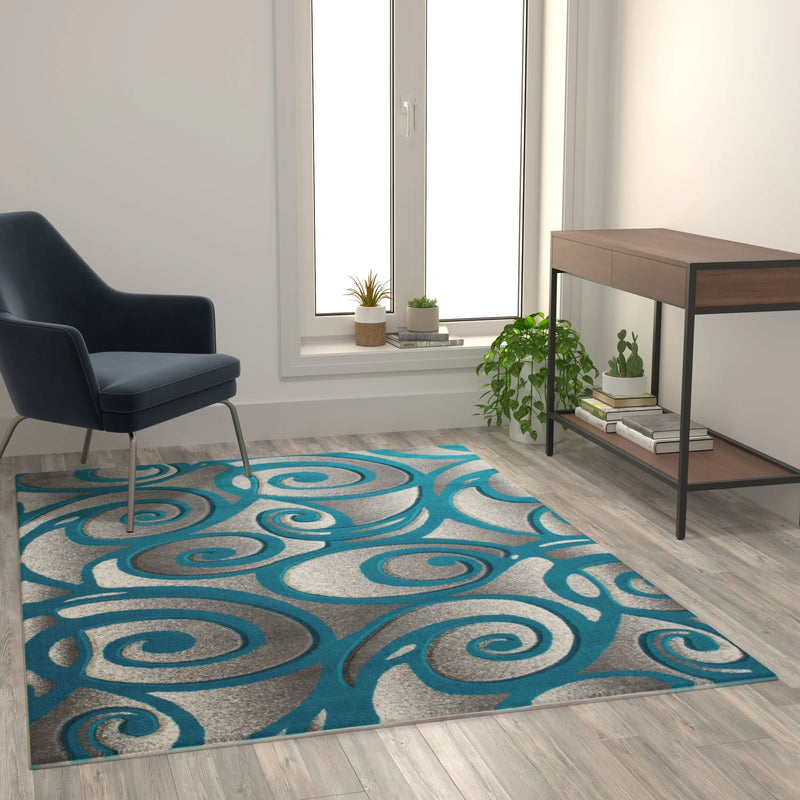 Angie Collection Modern High-Low Pile Swirled 5' x 7' Turquoise Area Rug - Olefin Accent Rug iHome Studio