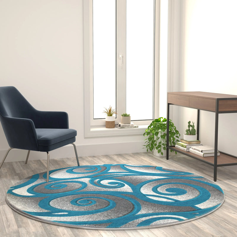 Angie Collection Modern High-Low Pile Swirled 6x6 Round Turquoise Area Rug - Olefin Accent Rug iHome Studio