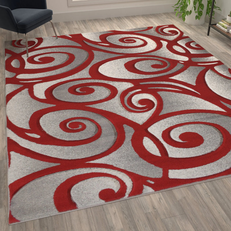 Angie Collection Modern High-Low Pile Swirled 8' x 10' Red Area Rug - Olefin Accent Rug iHome Studio