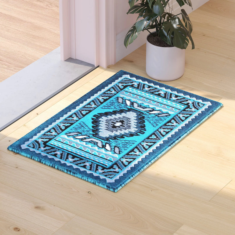 Angie Collection Southwest 2x3 Turquoise Area Rug - Olefin Rug with Jute Backing iHome Studio