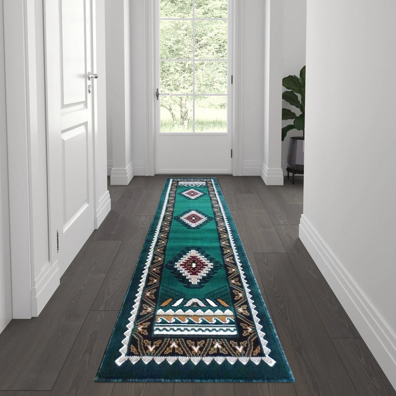 Angie Collection Southwest 2x7 Hunter Green Area Rug - Olefin Rug with Jute Backing iHome Studio