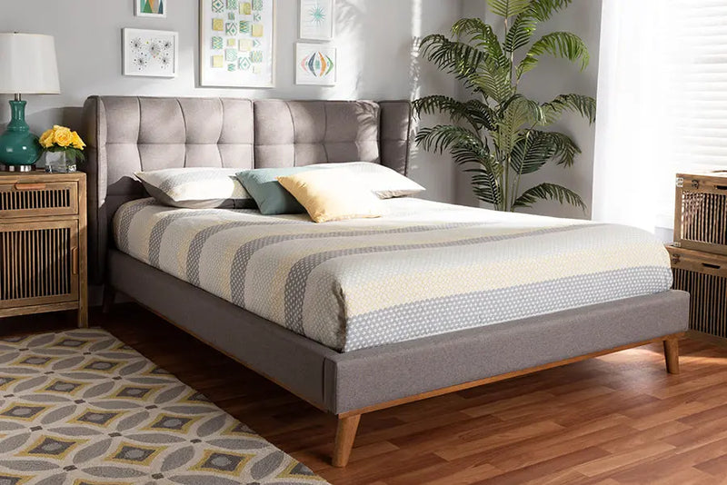 Anna Gray Fabric Walnut Brown Wood Platform Wingback Bed (Queen) iHome Studio