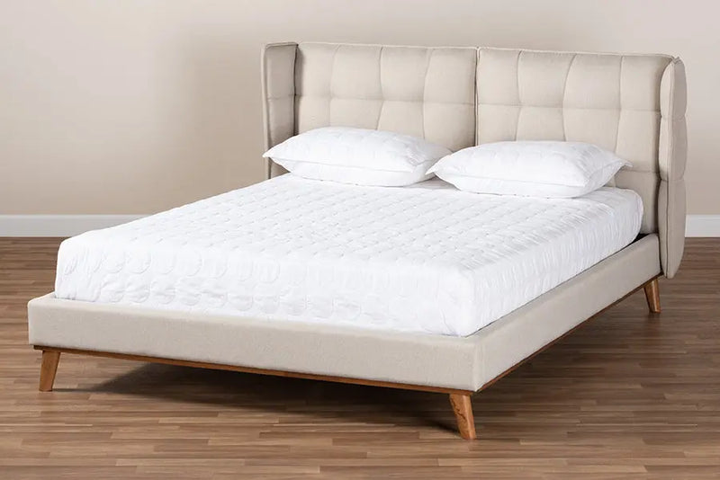 Anna Light Beige Fabric Walnut Brown Wood Platform Wingback Bed (Queen) iHome Studio