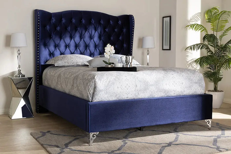 Anna Purple Blue Velvet Fabric Upholstered Wingback Bed (King) iHome Studio