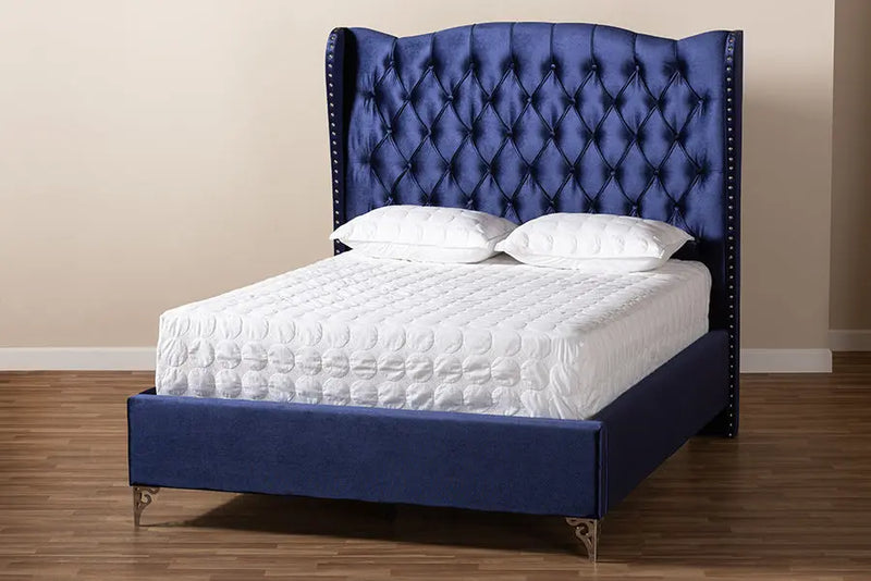 Anna Purple Blue Velvet Fabric Upholstered Wingback Bed (Queen) iHome Studio