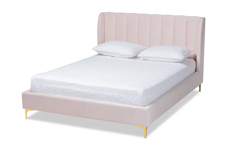 Annabelle Light Pink Velvet Fabric Platform Bed w/Gold-Tone Legs (Queen) iHome Studio