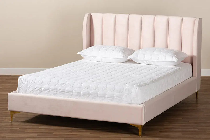 Annabelle Light Pink Velvet Fabric Platform Bed w/Gold-Tone Legs (Queen) iHome Studio