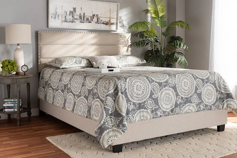 Ansa Beige Fabric Upholstered Bed (King) iHome Studio
