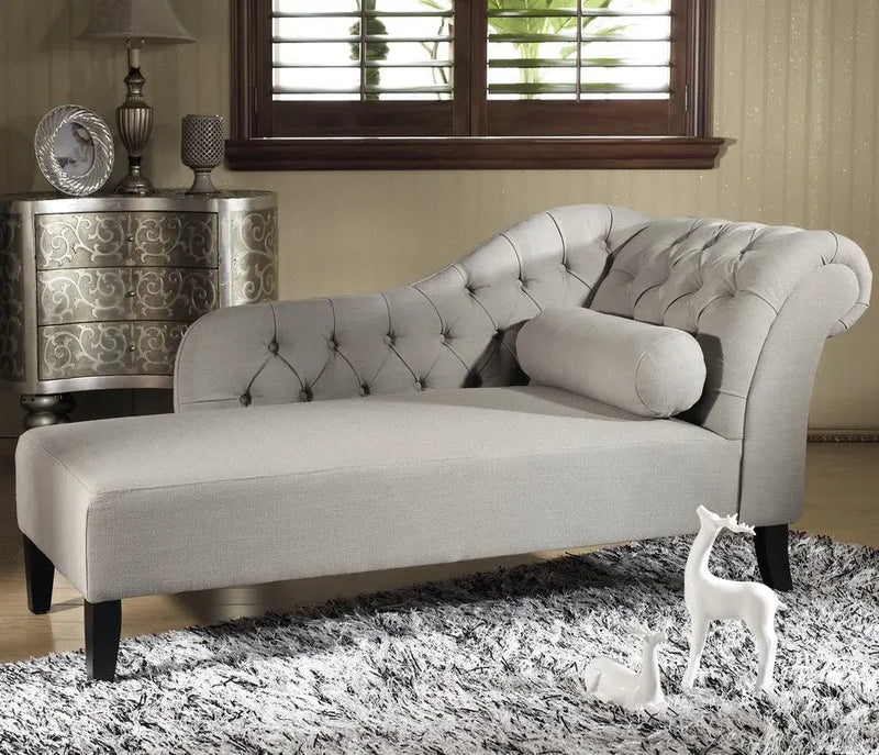 Aphrodite Tufted Putty Gray Linen Modern Chaise Lounge iHome Studio