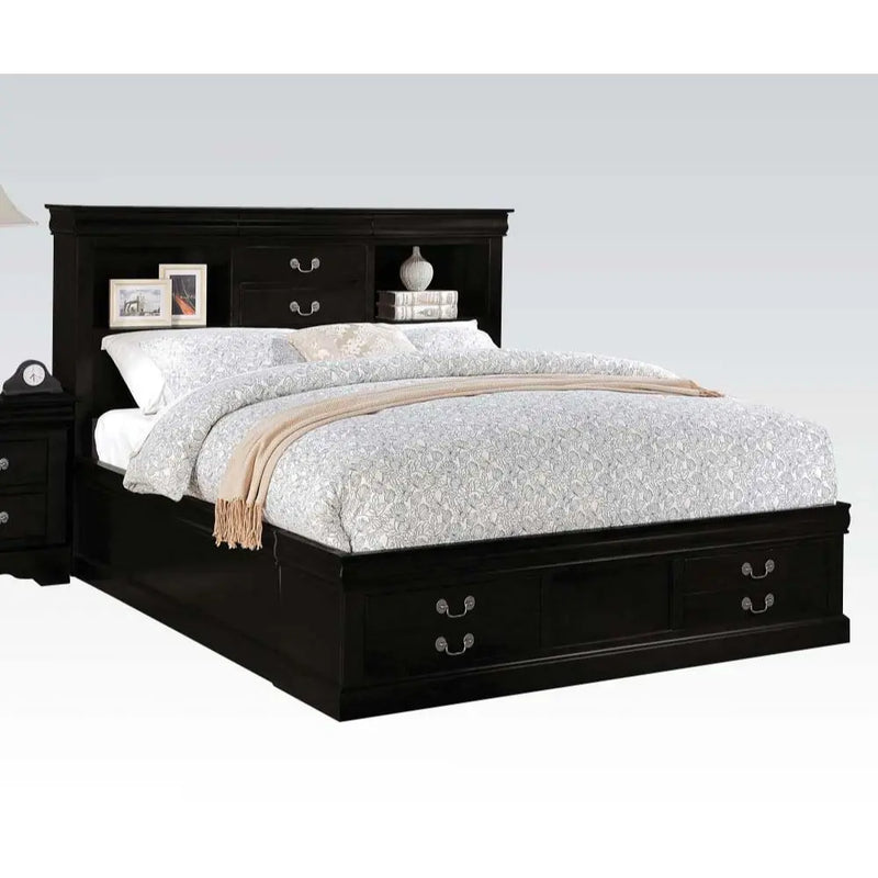 Araceli King Bed w/Bookcase Headboard and Storage Drawer, Black iHome Studio