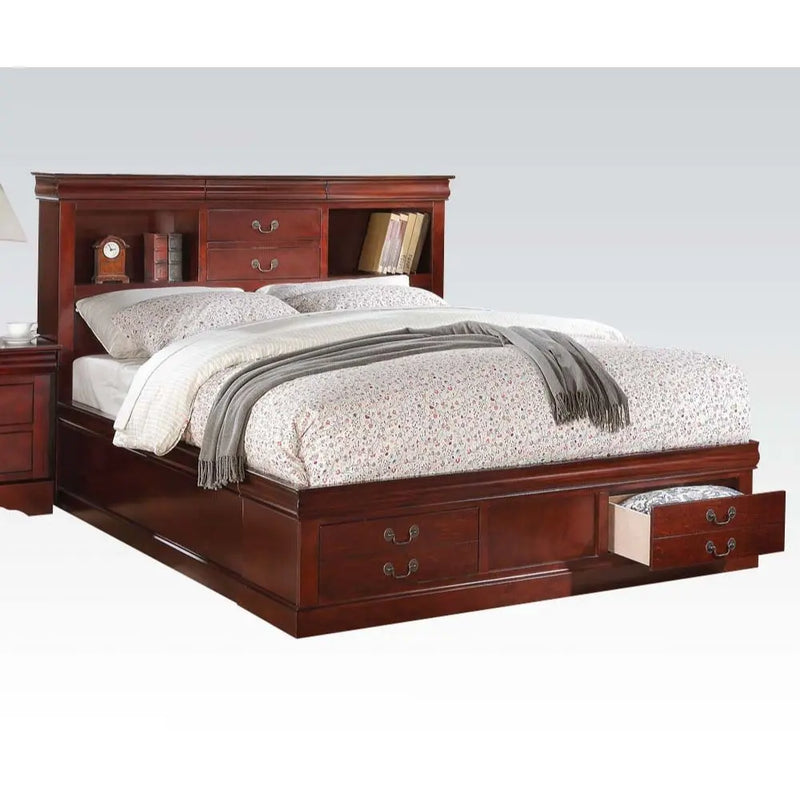 Araceli King Bed w/Bookcase Headboard and Storage Drawer, Cherry iHome Studio