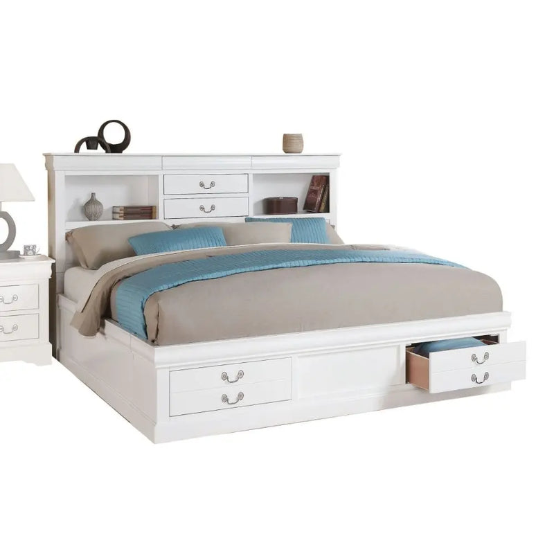 Araceli King Bed w/Bookcase Headboard and Storage Drawer, White iHome Studio