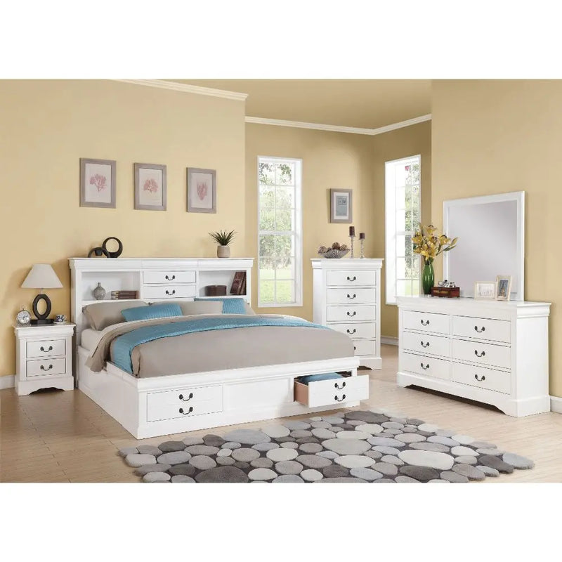 Araceli King Bed w/Bookcase Headboard and Storage Drawer, White iHome Studio