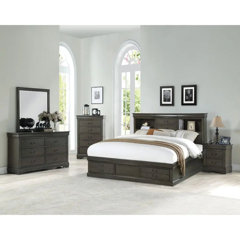 Araceli Queen Bed w/Bookcase Headboard and Storage Drawer, Dark Gray iHome Studio